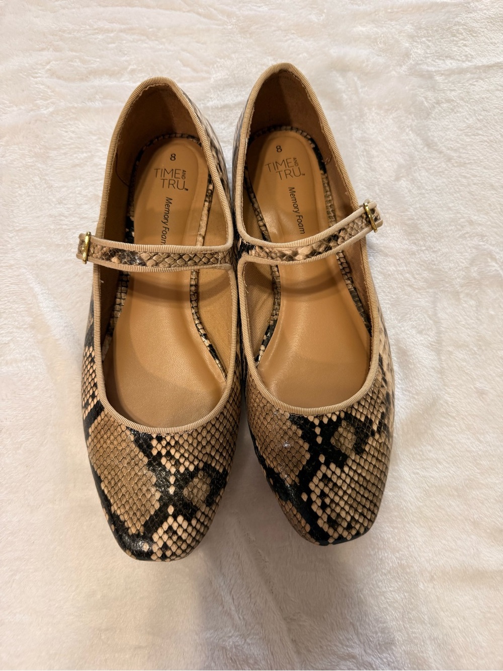 Time and Tru Tan & Black Snake-Print Mary Jane Flats